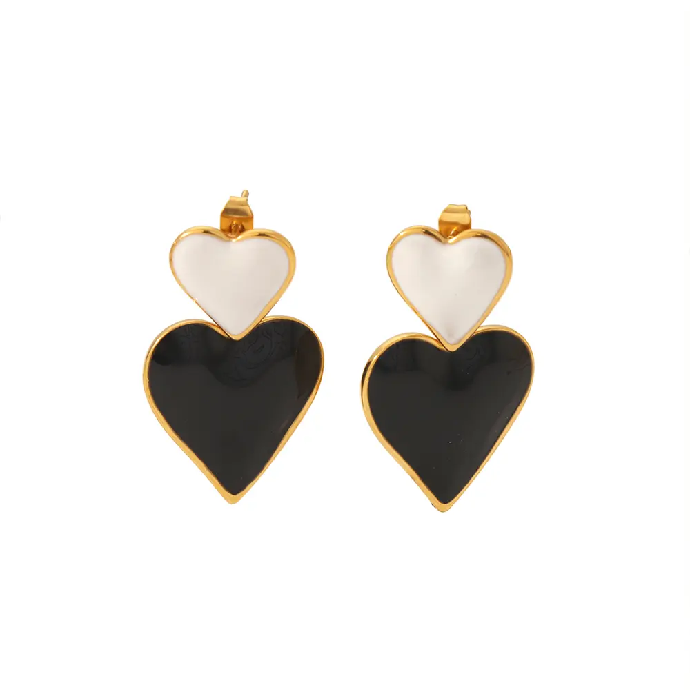 1 Pair Sweet Fresh Style Double Heart Shape Enamel Stainless Steel 18K Gold Plated Women's Drop Earrings h5 